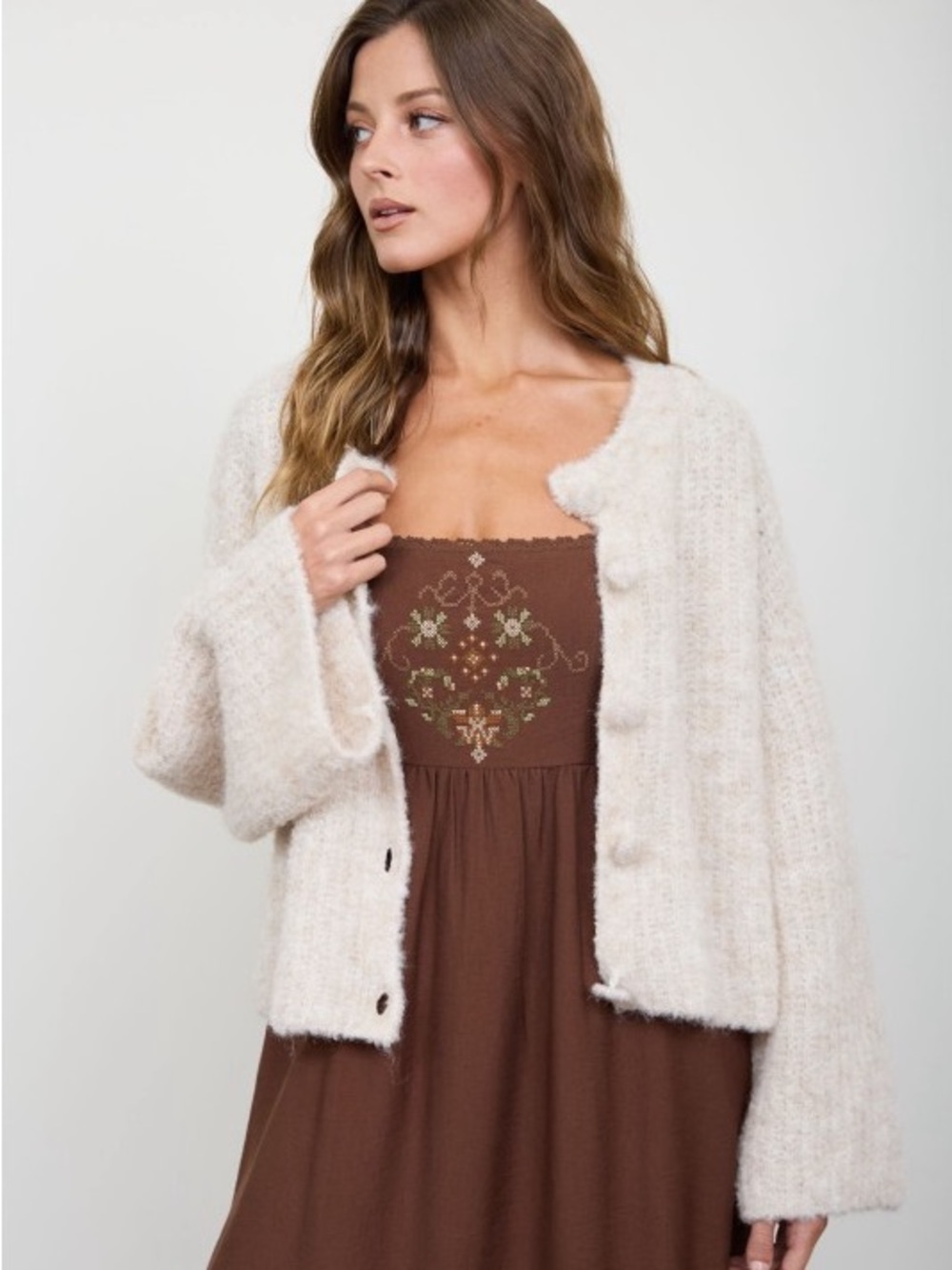 New Brown Embroidered Square-Neck Midi Dress - Picture 5 of 12